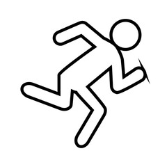 Stylized line art icon depicting a figure in a forward running motion with bent knees and arms pumping, suggests speed and motion. Related to jogging, emergency exits, fitness, sports representation