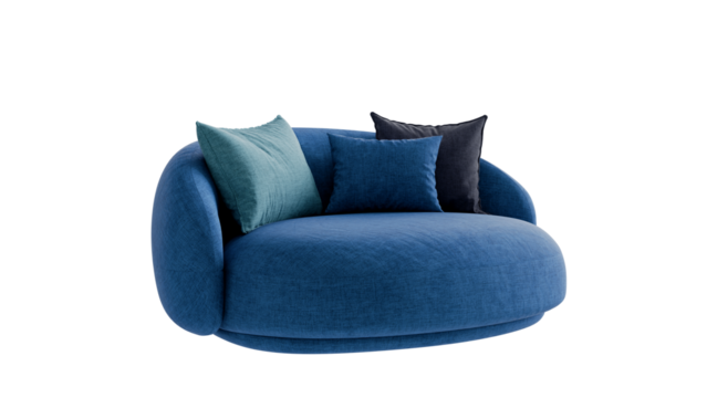Blue round couch with pillows on a transparent background. Furniture for the modern interior, web design, and presentation.
- Powered by Adobe