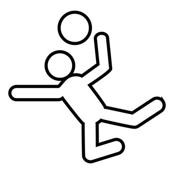 Stylized line art icon showing a figure in a dynamic, mid-air pose, with one leg raised and arms extended, as a circular ball hovers just above the head. Related to public sinage, sport of football