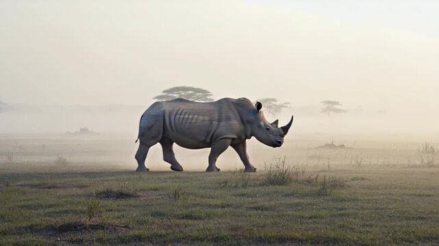 A single rhinoceros walking through a grassy plain with foggy trees in the background during sunrise or sunset.