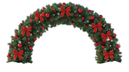 Christmas garland arch with red bows and ornaments isolated on white