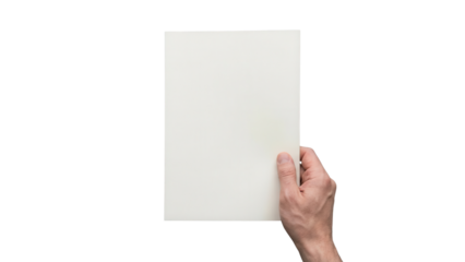 Hand holding blank A4 paper sheet isolated on white background mockup