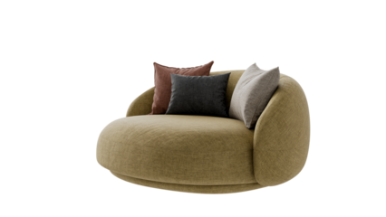Upholstered curved couch with pillows on an isolated background. Furniture for the modern interior, web design, and presentation.
