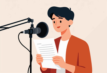 Fototapeta premium A cartoon man with dark hair reads a script into a microphone. The setting is a light-colored background