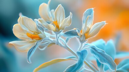 Fototapeta premium Three creamy blooms displaying their golden centers feature textured foliage against a serene backdrop