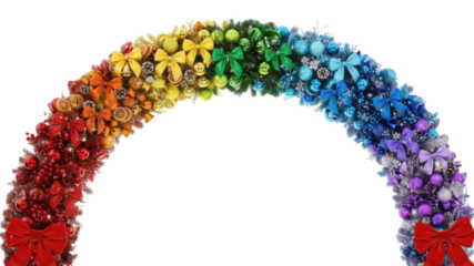 Rainbow arch of colorful Christmas decorations with red bows on white background