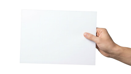 Obraz premium Hand holding blank white sheet of paper isolated on white background