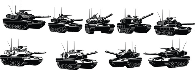 Military tank silhouette illustration set, armored vehicle designs, turret and barrel variations, black and white vector artwork, white background © Mst