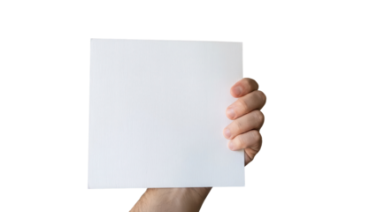 Hand holding blank square white paper isolated on white background