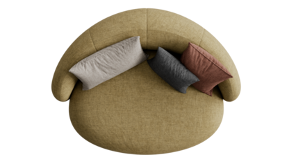 Top view of a circular sofa with pillows on a transparent background.
