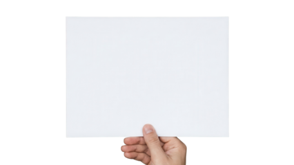 Hand holding blank white paper sheet isolated on white background