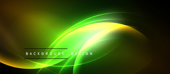 Bright abstract waves, vibrant green yellow hues. Modern design elements create dynamic visual effect. Background features smooth gradients.