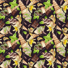 Waffle cone with soft serve, chocolate bar, vanilla flower and pods, mint leaves hand drawn in watercolor. Seamless pattern isolated on dark. Ice cream label, product sheet, dessert planner background