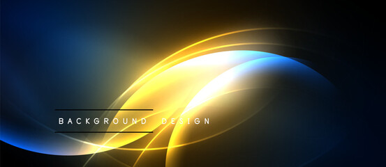 Abstract design features vibrant blue, gold curves. Dynamic light effects create modern background. Smooth gradients, elegant composition.