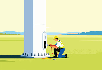 A worker in safety gear kneels, drilling into a wind turbine's base. Green field & blue hills in the background
