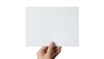Hand holding blank white horizontal paper sheet isolated on white background
