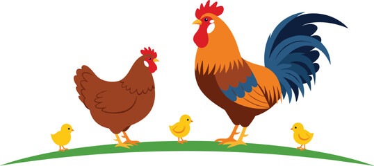 Colorful vector illustration of a rooster, hen, and chicks standing on grass, perfect for farm-themed designs, children’s artwork, and educational projects