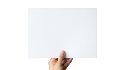 Hand holding blank white paper sheet isolated on white background