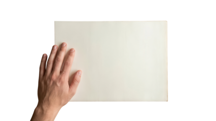Male hand holding blank white paper sheet isolated on white background