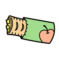 アップルパイを紙包みに入った状態で描いたフラットデザインのイラストで果実感と焼き菓子の温かみを感じる表現｜包装紙のりんごモチーフが視覚的なアクセントとなり広告やメニューに使いやすい構図