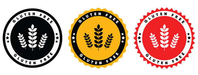 Gluten Free Certified Badges Set - Vector Round Labels with Wheat Icon in Black, Yellow, and Red for Healthy Food Packaging and Dietary Labeling