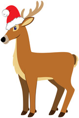 A cheerful cartoon deer wearing a festive red santa hat, ready for christmas celebrations