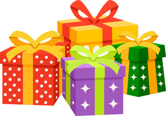 Colorful assortment of festive gift boxes with bows, perfect for celebrations and special occasions