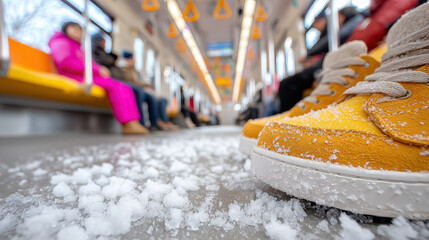 Low-angle view inside crowded subway car during winter rush hour, yellow commuter boots and slushy snow on the floor while passengers sit along the carriage, illustrating cold-weather urban