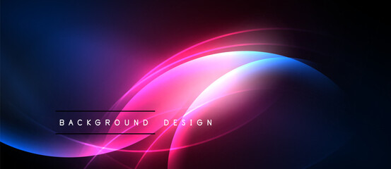 Abstract neon waves, vibrant colors blend. Dark background highlights flowing shapes, modern design elements present.
