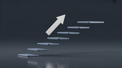 A white arrow pointing upwards symbolizing growth and progress ascends a series of grey steps against a dark reflective background representing a successful journey