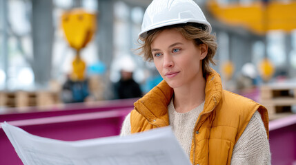 Female engineer in fabrication hall analyzing blueprint wearing hard hat and safety vest
