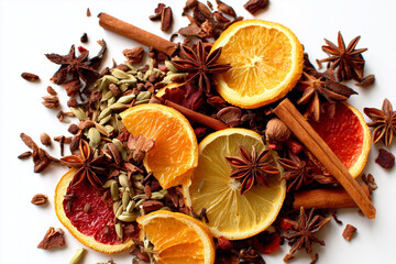 Mixed dried winter spices and citrus fruit slices flat lay isolated on white background. Top view of cinnamon, star anise and ingredients for mulled wine