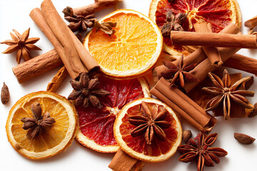 Mixed dried winter spices and citrus fruit slices flat lay isolated on white background. Top view of cinnamon, star anise and ingredients for mulled wine