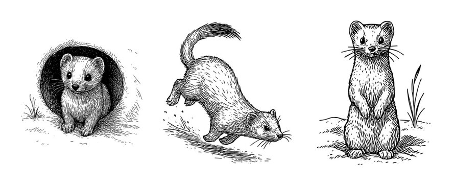 オコジョ（巣穴から出る・走る・立ち上がる）ペン画セット、Stoat (Standing, Crouching, Walking) Pen Illustration Set
