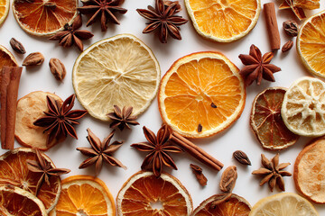Mixed dried winter spices and citrus fruit slices flat lay isolated on white background. Top view of cinnamon, star anise and ingredients for mulled wine