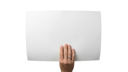 Hand holding blank white horizontal sign isolated on white background