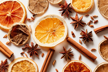 Mixed dried winter spices and citrus fruit slices flat lay isolated on white background. Top view of cinnamon, star anise and ingredients for mulled wine