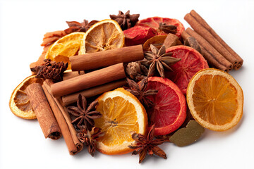 Mixed dried winter spices and citrus fruit slices flat lay isolated on white background. Top view of cinnamon, star anise and ingredients for mulled wine