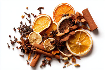 Mixed dried winter spices and citrus fruit slices flat lay isolated on white background. Top view of cinnamon, star anise and ingredients for mulled wine