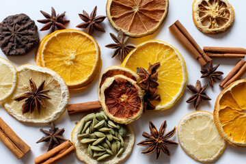 Mixed dried winter spices and citrus fruit slices flat lay isolated on white background. Top view of cinnamon, star anise and ingredients for mulled wine