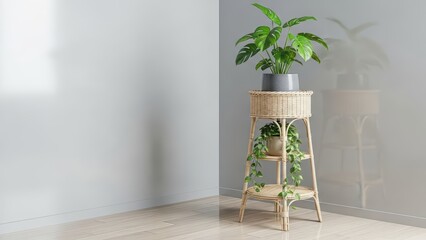 Fototapeta premium Stylish plant stand with lush greenery in minimalist interior design