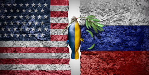 Russia US Ukraine Peace Deal as Russian American and Ukrainian plan to end the war as an agreement of Moscow and Washington Kyiv pressured in negotiations as a treaty as a dove and olive branch.