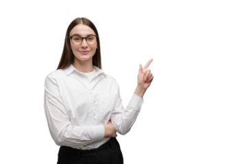 Woman points to the right with a smile