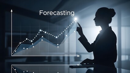 Businesswoman analyzing data projections and future market trends with glowing digital interface
