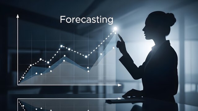 Businesswoman analyzing data projections and future market trends with glowing digital interface - Powered by Adobe