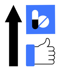 Healthcare growth. Stylized arrow growth, pill graphic for health and medicine, and thumb up for approval. Healthcare, medical progress, and innovation. healthcare progress, wellness development