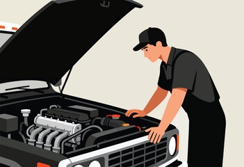 An auto mechanic in cap and uniform examines the engine of a black car with the hood open