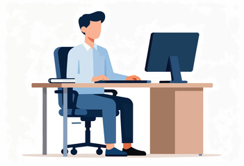 A faceless figure sits at a desk in an office, working on a computer. Simple graphic illustration