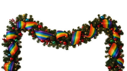 Christmas garland with rainbow ribbons and ornaments isolated on white background