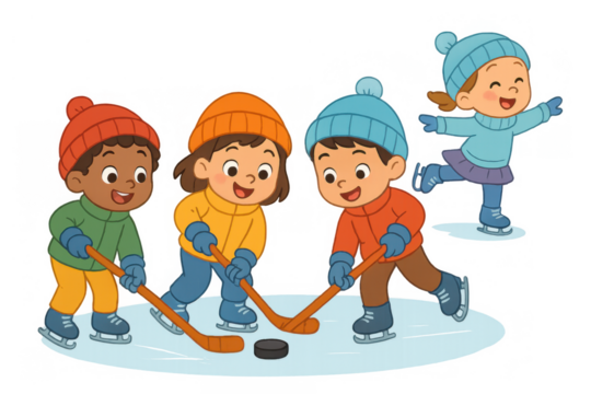 Group of happy children enjoying ice hockey and ice skating outdoors, illustrating winter sports, fun, and friendship - Powered by Adobe